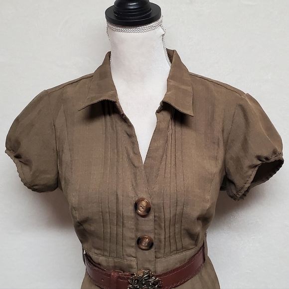 Vintage 90s Robbie Bee Olive Green Puff Sleeve Pleated Button Up Shirt Dress 14 - Picture 5 of 16